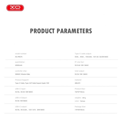 XO PR275 Powerbank 22.5W+20W με 3 Ενσωματωμένα Καλώδια 2x USB-C, 1x Lightning & Ψηφιακή Οθόνη 20.000 mAh