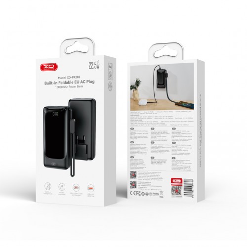 XO PR282 Powerbank Ταχείας Φόρτισης 22.5W με Πρίζα & Λουράκι Type-C 10.000mAh