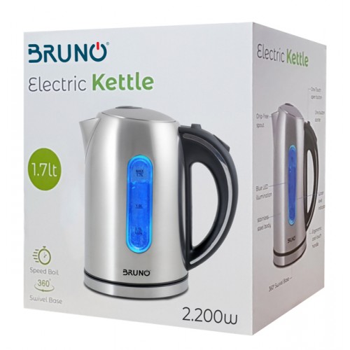 BRUNO ηλεκτρικός βραστήρας BRN-0028, 2200W, 1.7lt, βάση 360°, LED