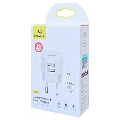 USAMS φορτιστής τοίχου T20, 2x USB, 2.1A, λευκός