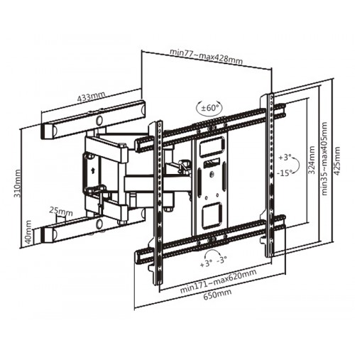 BRATECK επιτοίχια βάση τηλεόρασης LPA61-466, 37-80", έως 60kg, full motion