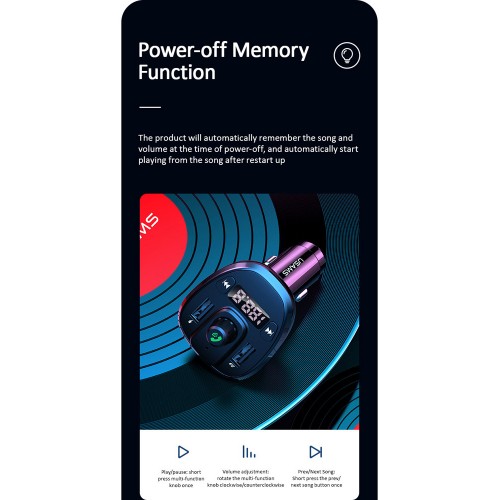 USAMS FM transmitter με οθόνη US-CC115, 2x USB, SD card, 3.4A, μαύρο