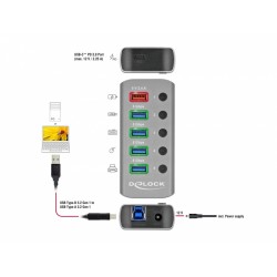 DELOCK USB hub 63263 με διακόπτες, 6x θυρών, 5Gbps, 12V/2.25A PD, γκρι