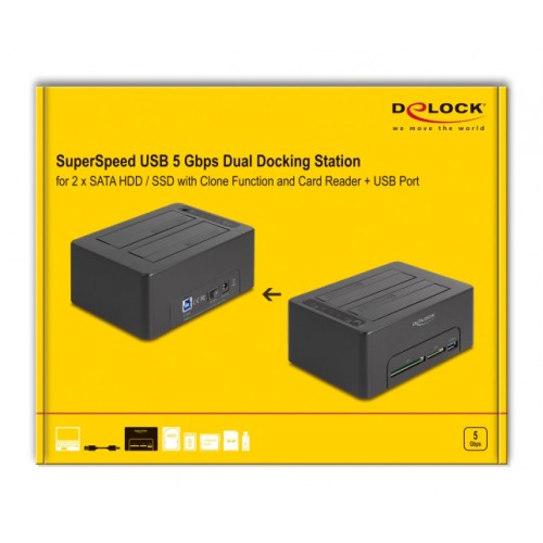 DELOCK docking station για 2.5" ή 3.5" SATA HDD/SSD 64183, 2 θέσεων, με card reader, 5Gbps, clone function, μαύρο