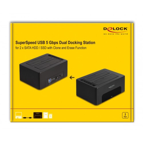 DELOCK docking station για 2.5" ή 3.5" SATA HDD/SSD 64187, 2 θέσεων, 5Gbps, clone/erase function, μαύρο