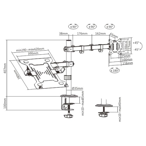 BRATECK βάση γραφείου οθόνης LDT66-C024ML, 17-32", έως 9kg, με θέση για laptop