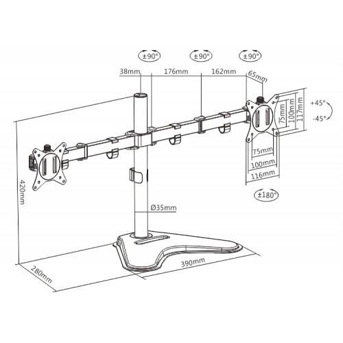 BRATECK βάση γραφείου για 2x οθόνες LDT66-T024, 17-32", έως 9kg