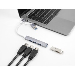 DELOCK USB hub 64214, 4x θυρών, 5Gbps, USB & USB-C σύνδεση, γκρι