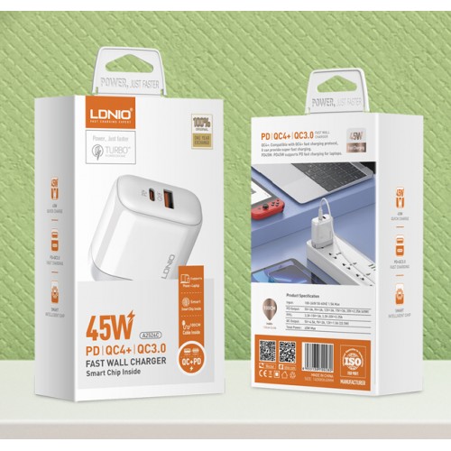 LDNIO φορτιστής τοίχου A2526C με καλώδιο, USB & USB-C, 45W PD, λευκός