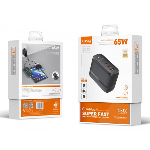LDNIO φορτιστής τοίχου Q366 με καλώδιο, USB/2x USB-C, 65W, GaN, μαύρος