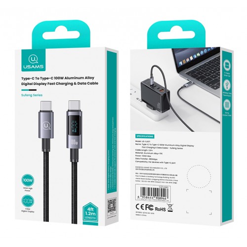 USAMS καλώδιο USB-C σε USB-C US-SJ671, 100W, 480Mbps, 1.2m, μαύρο