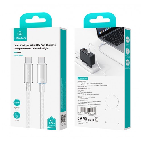 USAMS καλώδιο USB-C σε USB-C US-SJ660, 100W, 480Mbps, 1.2m, λευκό