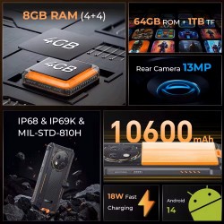OUKITEL smartphone WP28E, 6.52", 4/64GB, 10600mAh, IP68/IP69K, μαύρο