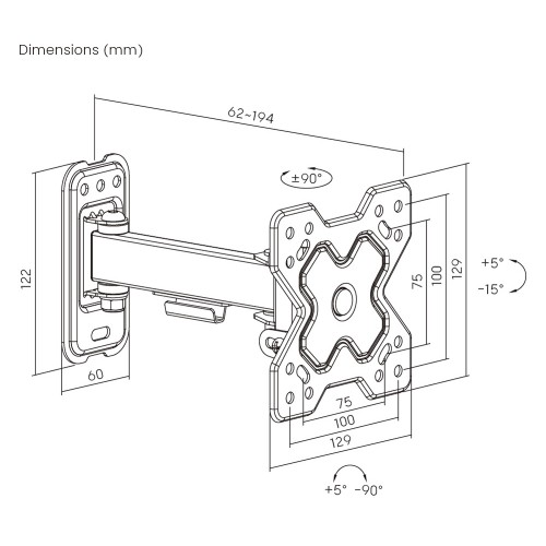 POWERTECH επιτοίχια βάση τηλεόρασης PT-1277, 13-32", έως 20kg, full motion