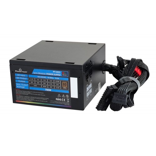 POWERTECH τροφοδοτικό PC PT-1311, 80PLUS Bronze, 700W, ATX, 120mm RGB Fan, Semi Modular