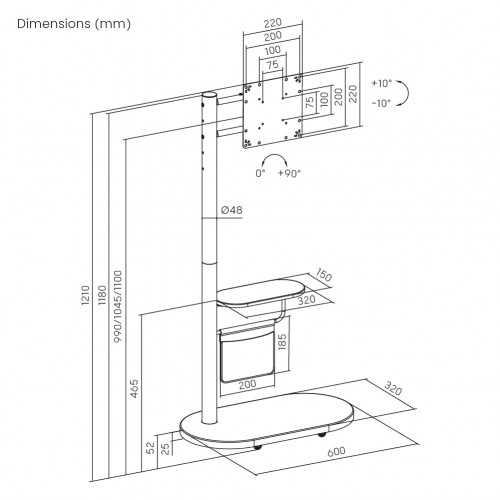 BRATECK βάση τηλεόρασης δαπέδου FS54-22T-02W, 17-43", έως 15kg, με ράφι & ροδάκια, λευκή