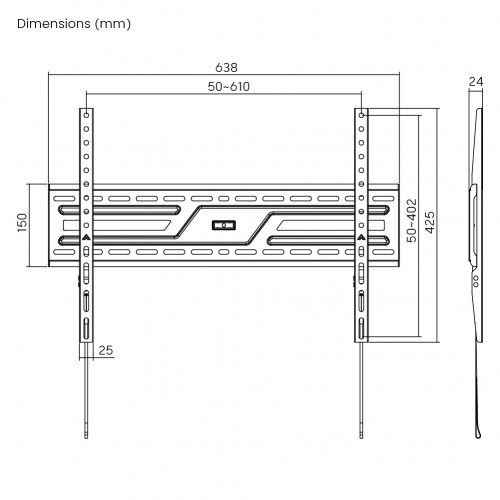 POWERTECH επιτοίχια βάση τηλεόρασης PT-1371, 37-86", έως 75kg, fixed
