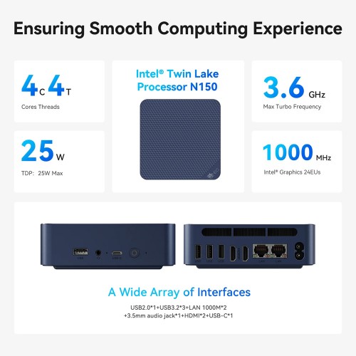 BEELINK mini PC EQ14, Intel N150, 16GB, 500GB M.2, Windows 11 Pro