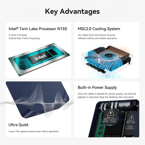 BEELINK mini PC EQ14, Intel N150, 16GB, 500GB M.2, Windows 11 Pro