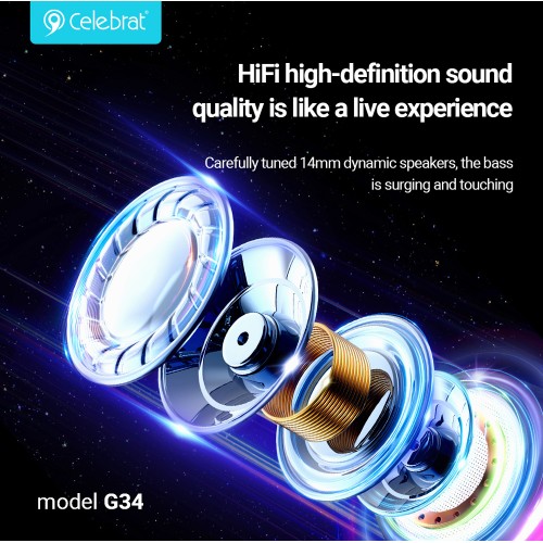 CELEBRAT earphones με μικρόφωνο G34, 3.5mm σύνδεση, 14mm, 1.2m, μαύρα