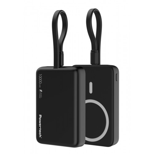 POWERTECH power bank PT-1376 με καλώδιο, 10000mah, magnetic wireless, 20W, μαύρο