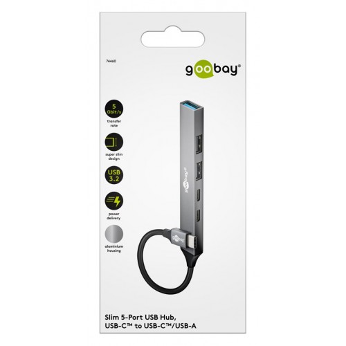 GOOBAY USB hub 74460, 5x θυρών, USB 3.2, 5Gbps, 100W, USB-C σύνδεση, γκρι