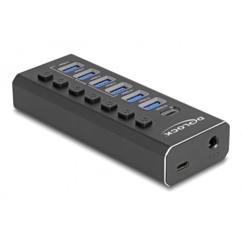 DELOCK USB hub 64326 με διακόπτες, 7x θυρών, 10Gbps, USB/USB-C σύνδεση, μαύρο