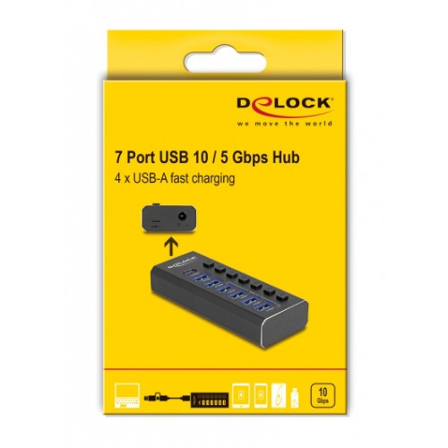DELOCK USB hub 64326 με διακόπτες, 7x θυρών, 10Gbps, USB/USB-C σύνδεση, μαύρο