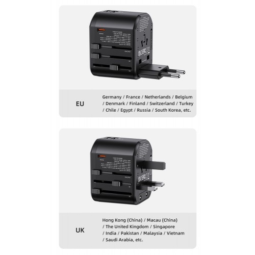 USAMS φορτιστής/αντάπτορας πρίζας US-CC179, USB-C & 2x USB, universal, 20W, μαύρος