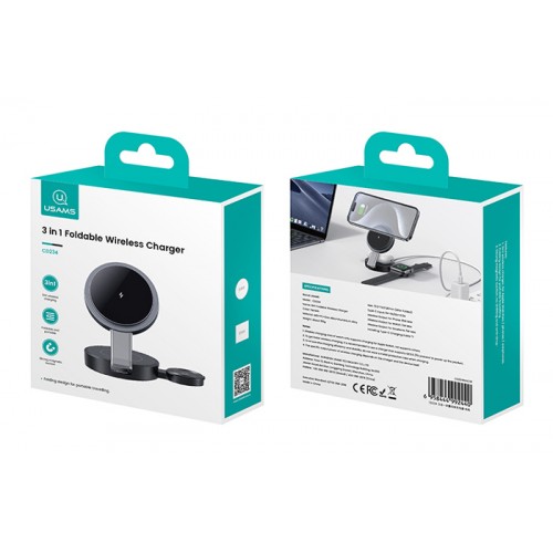 USAMS ασύρματος φορτιστής CD234, 3 σε 1, 15W, μαύρος