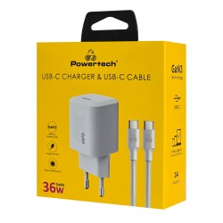POWERTECH φορτιστής τοίχου PT-1350 με καλώδιο, USB-C, 36W, GaN, λευκός