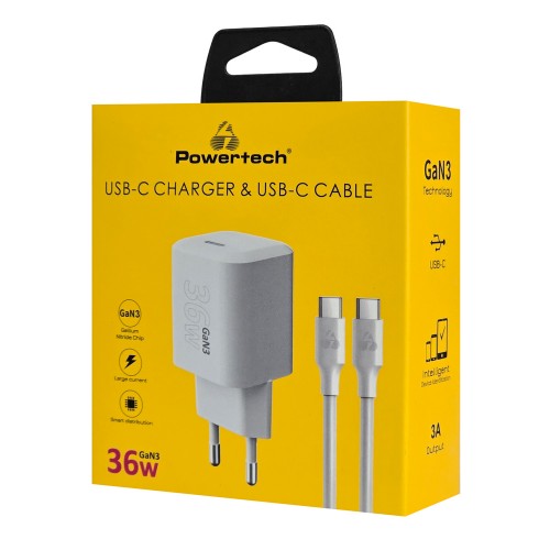 POWERTECH φορτιστής τοίχου PT-1350 με καλώδιο, USB-C, 36W, GaN, λευκός