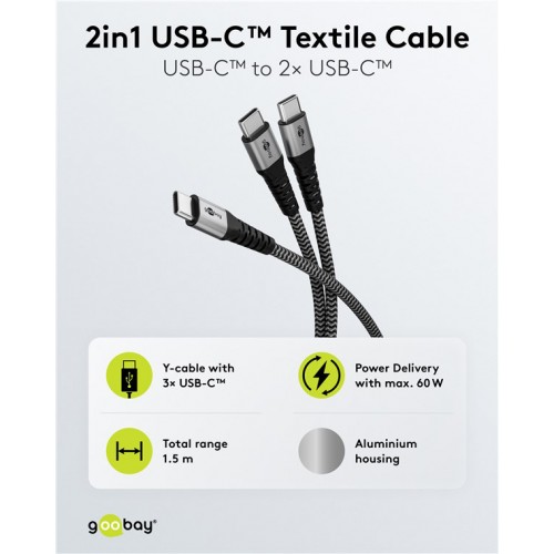 GOOBAY καλώδιο USB-C σε 2x USB-C 75739, 60W, 480Mbps, 1.5m, γκρι