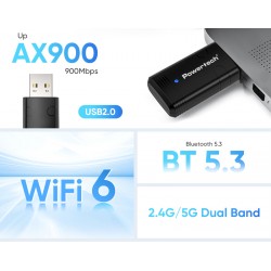 POWERTECH ασύρματος USB αντάπτορας δικτύου & Bluetooth 5.3 PT-1387, 900Mbps WiFi 6