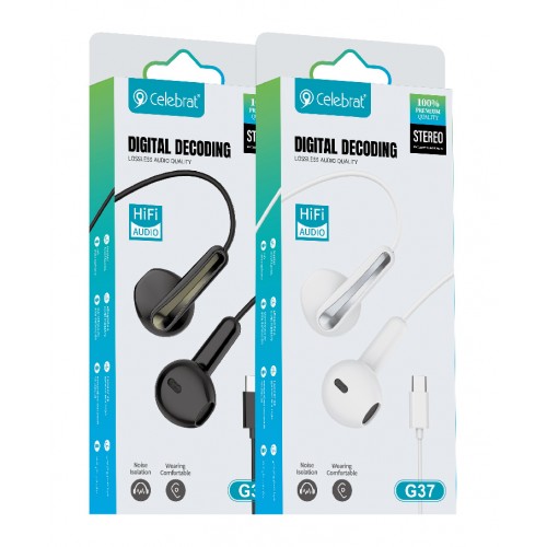 CELEBRAT earphones με μικρόφωνο G37, USB-C σύνδεση, 14.2mm, 1.2m, λευκά