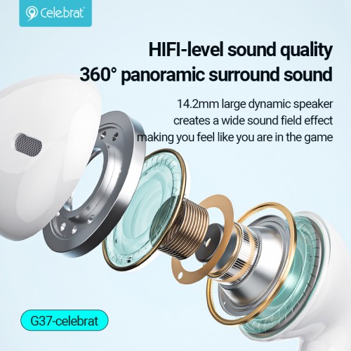 CELEBRAT earphones με μικρόφωνο G37, USB-C σύνδεση, 14.2mm, 1.2m, λευκά