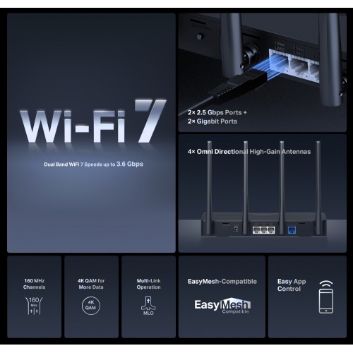 MERCUSYS router MR27BE, WiFi 7, 3.6Gbps BE3600, EasyMesh, Ver 1.20