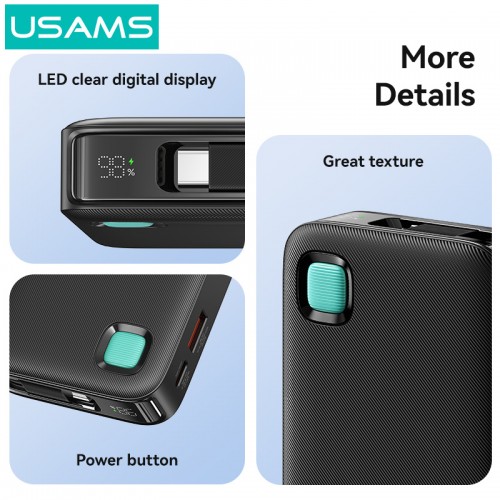 USAMS power bank CD224 με καλώδιο USB-C, 2x θύρες εξόδου, 10000mAh, 20W, μαύρο