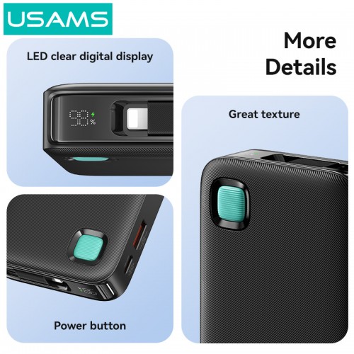 USAMS power bank CD225 με καλώδιο Lightning, 2x θύρες εξόδου, 10000mAh, 20W, λευκό