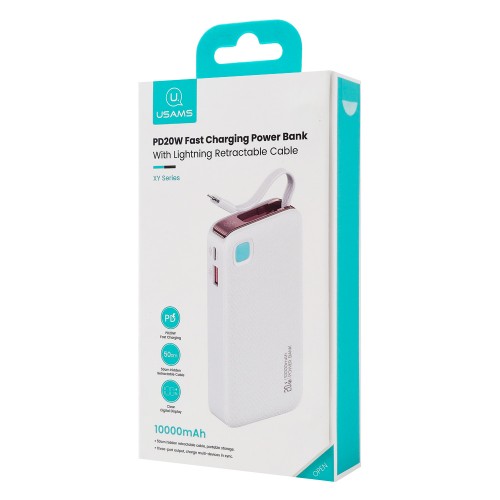 USAMS power bank CD225 με καλώδιο Lightning, 2x θύρες εξόδου, 10000mAh, 20W, λευκό