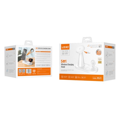 LDNIO ασύρματος φορτιστής WL01 με LED φωτισμό, 3 σε 1, 15W, λευκός