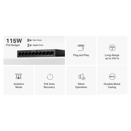 MERCUSYS Desktop Switch MS110CMP, 8x 10/100Mbps PoE+, 2x Gigabit, Ver. 1.0