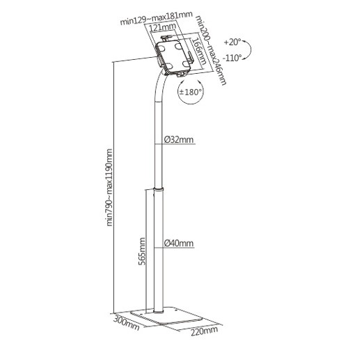 BRATECK βάση tablet δαπέδου PAD33-01, αντικλεπτική, 7.9-11", μαύρη