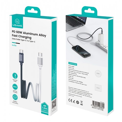 USAMS καλώδιο USB-C SJ756, 60W, 480Mbps, 1.2m, μαύρο/λευκό