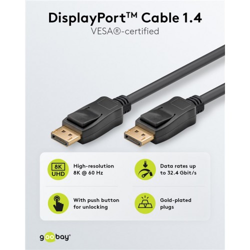 GOOBAY καλώδιο DisplayPort 74778, VESA Certified, 8K/60Hz, 32.4 Gbps, 2m, μαύρο