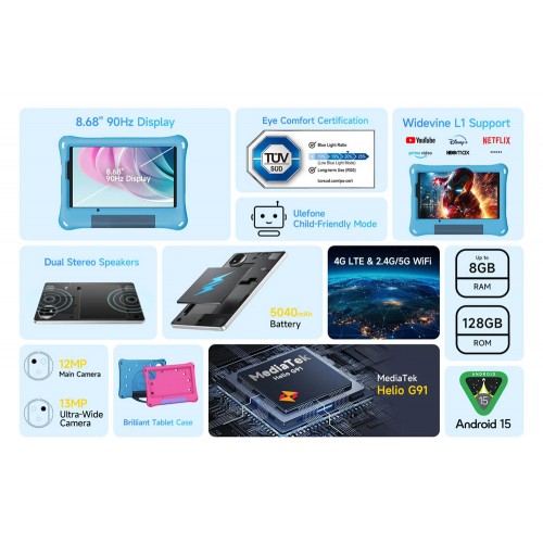 ULEFONE tablet Tab A9 Pro Kids, 8.68", 4/128GB, 4G, Android 15, 5040mAh, μπλε