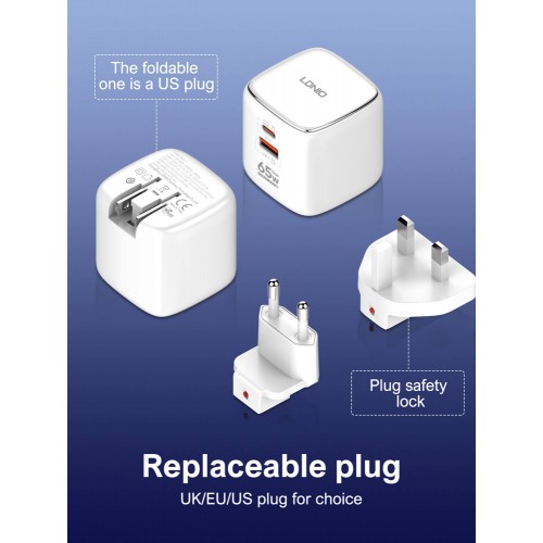 LDNIO φορτιστής τοίχου Q2617 με καλώδιο USB-C, EU/UK/US βύσμα, USB/USB-C, 65W, GaN, λευκός