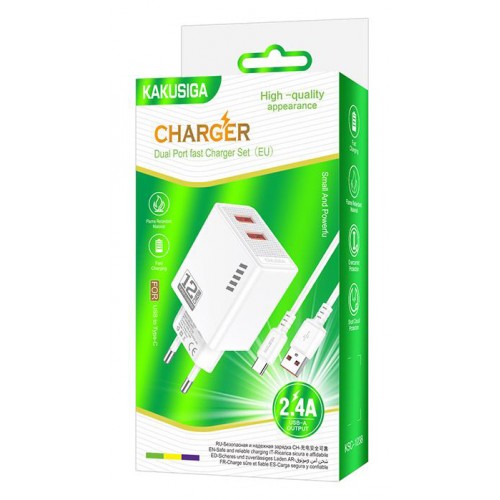 KAKUSIGA φορτιστής τοίχου KSC-1238 με καλώδιο USB-C, 2x USB, 12W, λευκός