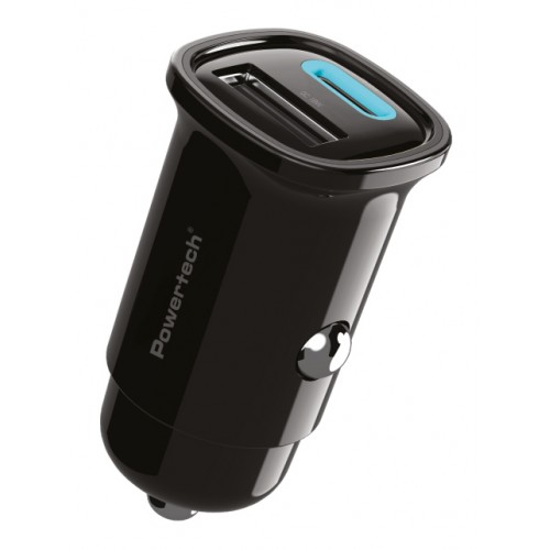 POWERTECH φορτιστής αυτοκινήτου PT-1538, USB & USB-C, 30W, μαύρος