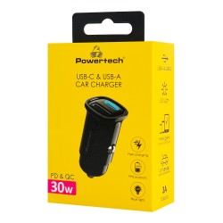 POWERTECH φορτιστής αυτοκινήτου PT-1538, USB & USB-C, 30W, μαύρος